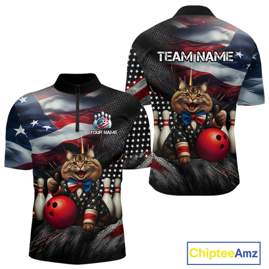American Flag Funny Cat Bowling Shirt for Men Custom Bowling League Jersey Polo & 1/4 Zip Shirt QZT807
