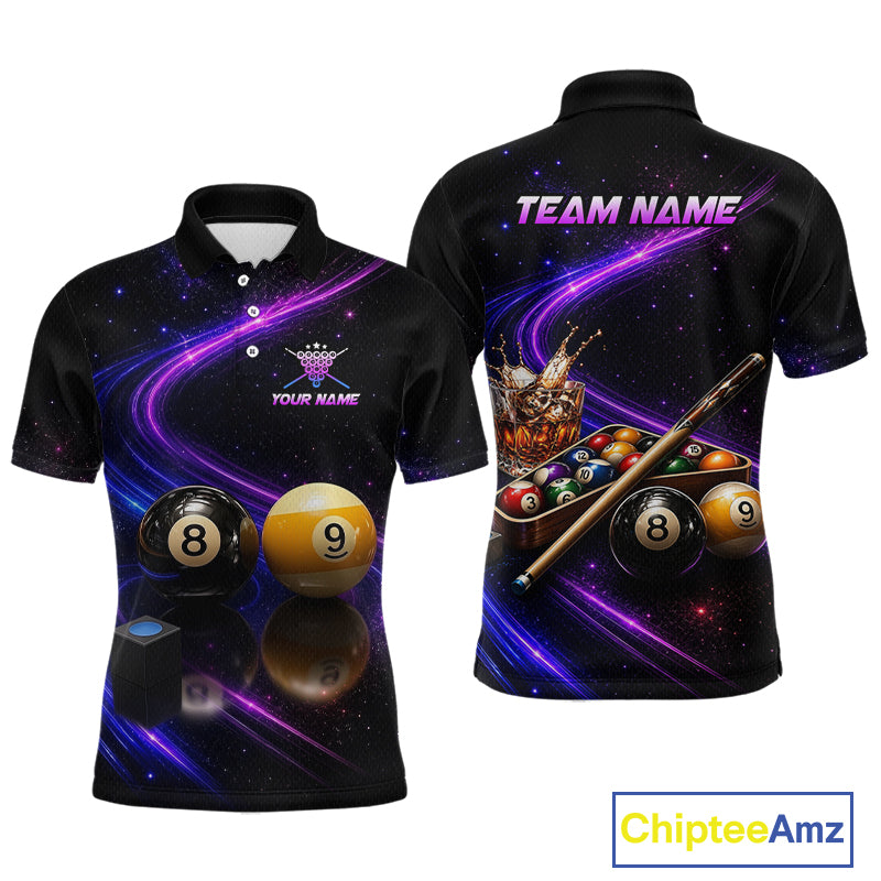 Black short-sleeve polo shirt shown from front and back with a space-themed purple and blue graphic print, pool balls, a cue stick, and customizable text areas including 'TEAM NAME' and 'YOUR NAME'.