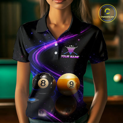 A woman wearing a black short-sleeve polo shirt with a purple and blue galaxy print, featuring a custom crown logo and the text 'YOUR NAME' on the chest, with 8-ball and 9-ball graphics at the bottom. A circular 'Chipteeamz' watermark is visible in the top right corner.