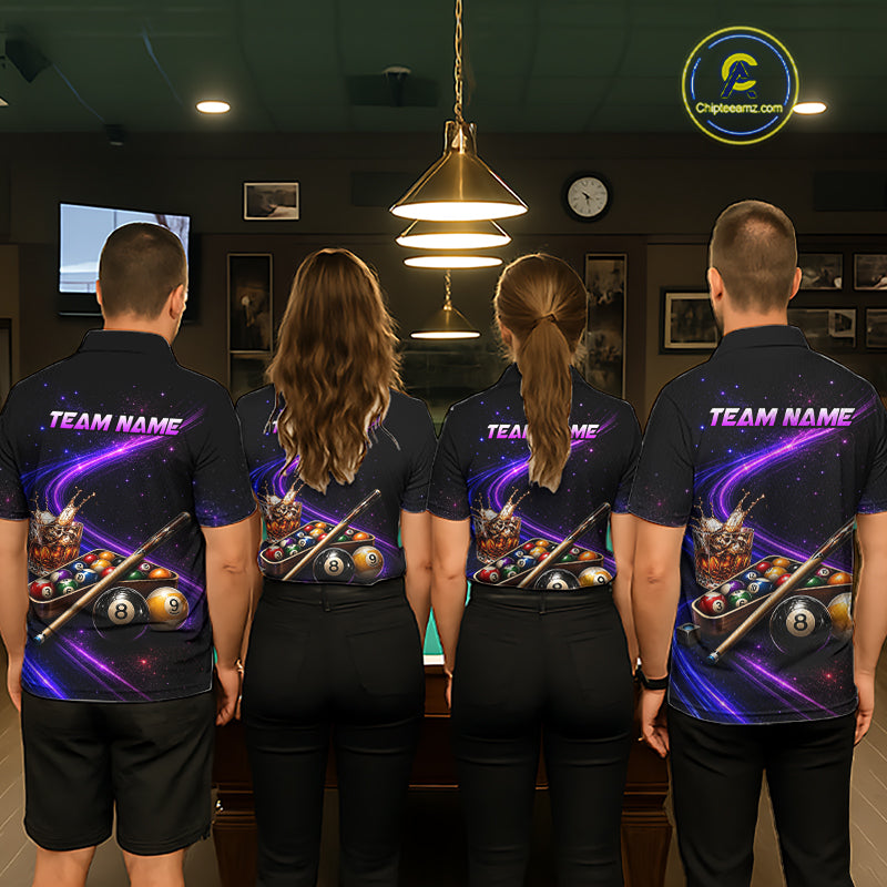 Four people standing side by side in a billiards room, viewed from behind, wearing matching dark navy short-sleeve team shirts with a vibrant purple and blue 8-ball pool graphic and 'TEAM NAME' printed across the back.