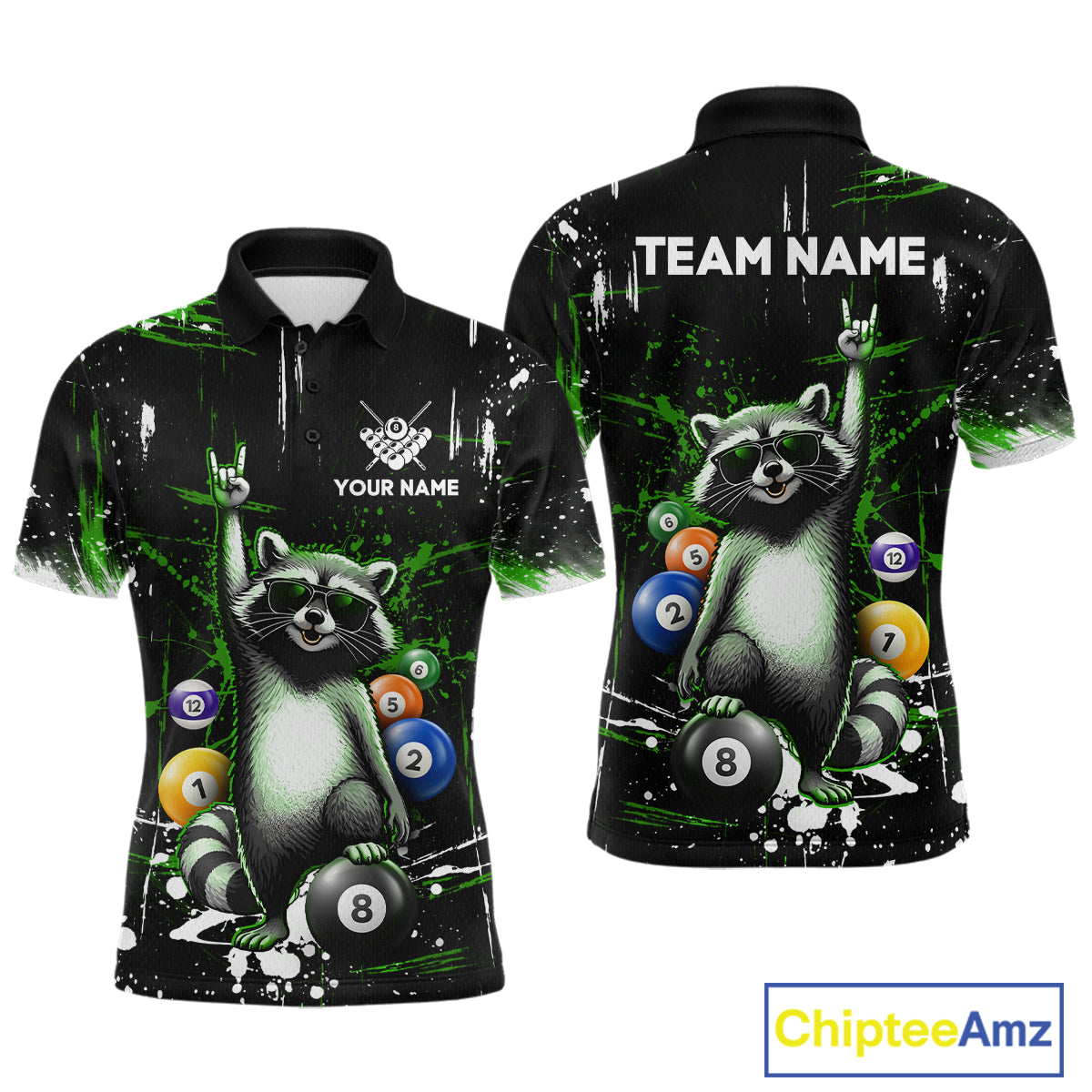 Custom Green Funny Raccoon Billiard Shirt for Men 8 Ball Pool Billiard Jersey Polo & 1/4-Zip BHT5