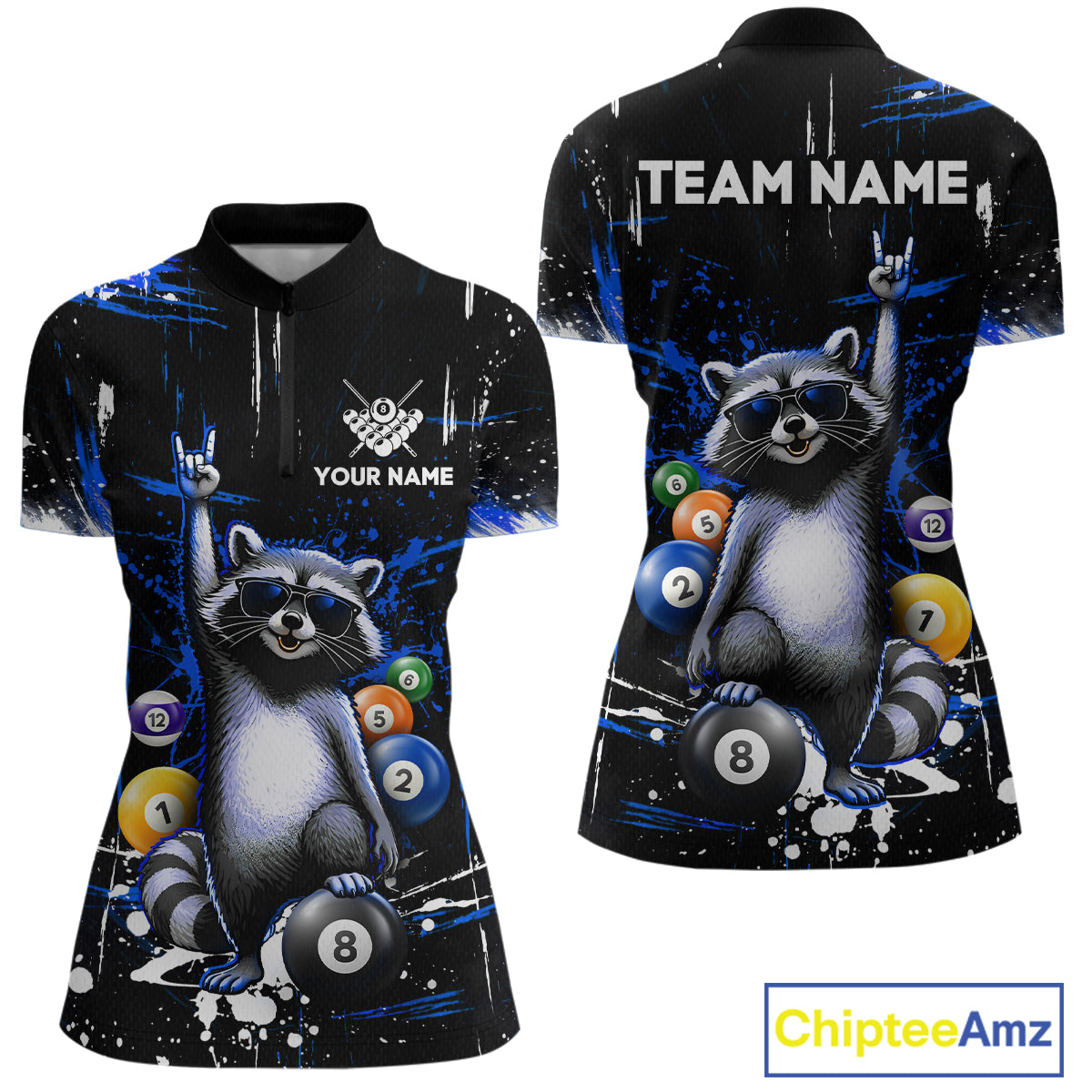 Custom Blue Funny Raccoon Billiard Shirt for Women 8 Ball Pool Billiard Jersey Polo & 1/4-Zip BHT5