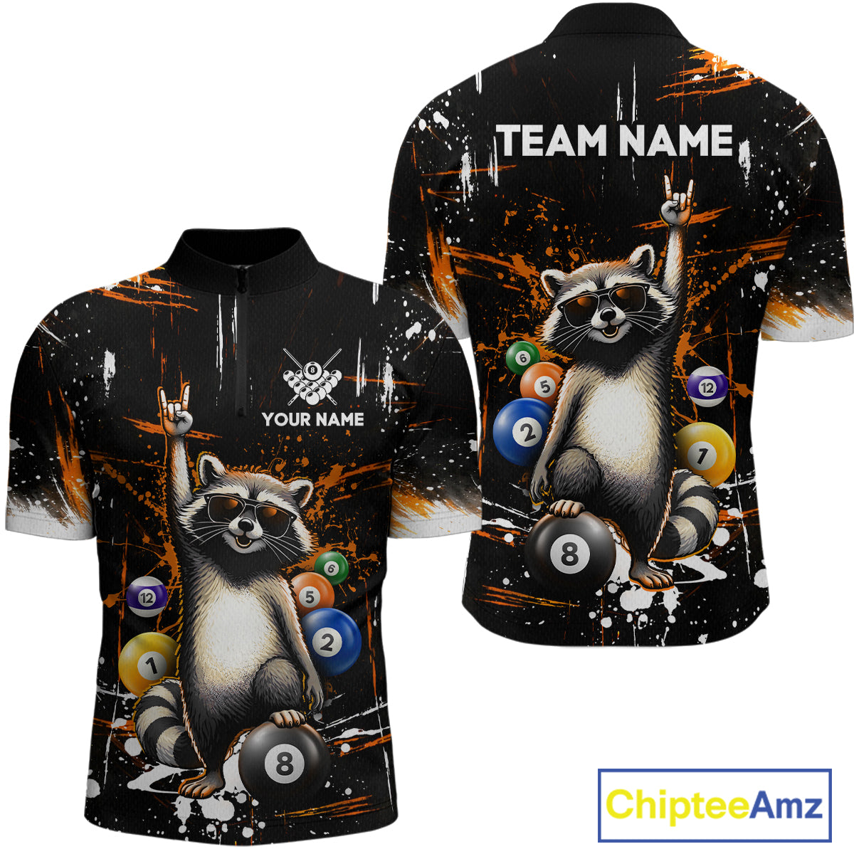Custom Orange Funny Raccoon Billiard Shirt for Men 8 Ball Pool Billiard Jersey Polo & 1/4-Zip BHT5