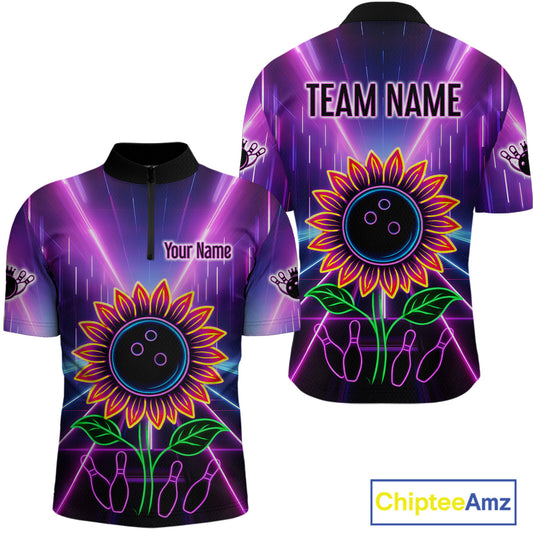 Custom Neon Lightning Sunflower Bowling Shirt Bowling Team Jersey for Men Bowling Polo & 1/4-Zip QZT770