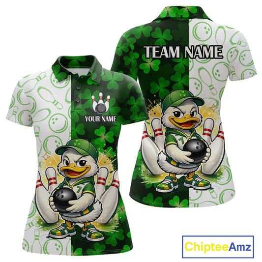 Custom Green Funny Duck Bowling Shirt for Women Lucky Clover St Patrick Day Bowling League QZT861