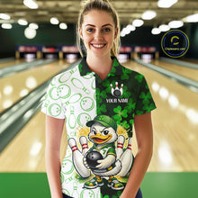 Load image into Gallery viewer, Custom Green Funny Duck Bowling Shirt for Women Lucky Clover St Patrick Day Bowling League QZT861