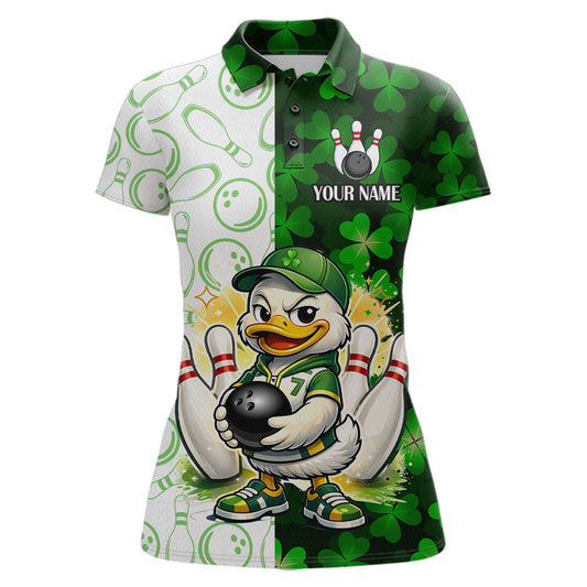 Custom Green Funny Duck Bowling Shirt for Women Lucky Clover St Patrick Day Bowling League QZT861