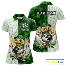 Load image into Gallery viewer, Custom Green Funny Duck Bowling Shirt for Women Lucky Clover St Patrick Day Bowling League QZT861