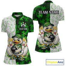 Load image into Gallery viewer, Custom Green Funny Duck Bowling Shirt for Women Lucky Clover St Patrick Day Bowling League QZT861