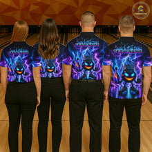 Load image into Gallery viewer, Four people wearing bowling shirts with a colorful design on a bowling alley.