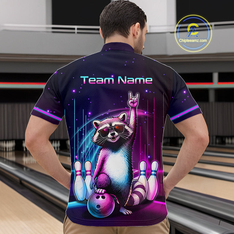 A man viewed from behind wearing a custom bowling-themed short-sleeve polo shirt with a raccoon graphic and 'Team Name' text on the back, set against a bowling alley background.