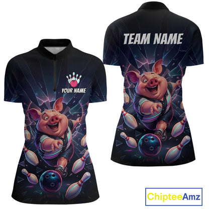 Custom Funny Pig Bowling Shirt for Women Neon Shattered Glass Bowling Team Jersey QZT1210