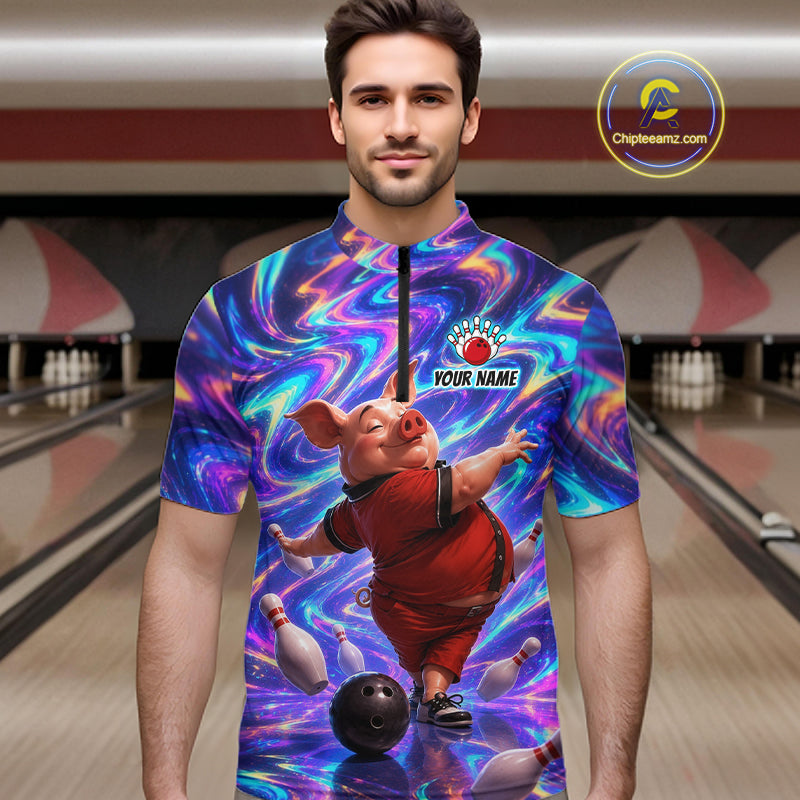 Custom Colorful Swirl Bowling Shirt Funny Pig Bowling Team Jersey for Men QZT1212