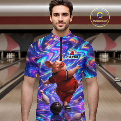 Custom Colorful Swirl Bowling Shirt Funny Pig Bowling Team Jersey for Men QZT1212