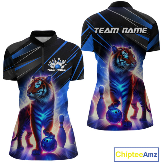 Blue Tiger Bowling Team Shirt Custom Bowling League Jersey for Women Bowling Outfit Polo & 1/4 Zip QZT773