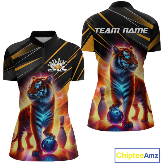 Orange Tiger Bowling Team Shirt Custom Bowling League Jersey for Women Bowling Outfit Polo & 1/4 Zip QZT773