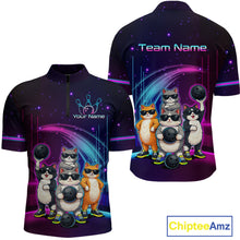 Load image into Gallery viewer, Custom Team Funny Cat Bowling Shirt for Men Neon Bowling Jersey Polo &amp; Quarter-Zip Bowling Outfit QZT914