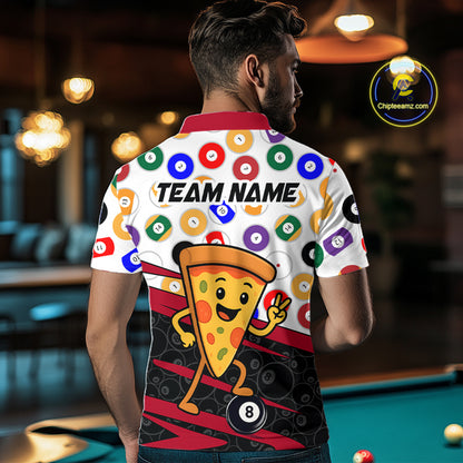 Person wearing a colorful shirt with a pizza design and 'Team Name' text in a casual setting.