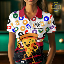 Load image into Gallery viewer, Person wearing a colorful shirt with pizza design and pool ball patterns, standing in front of a pool table.