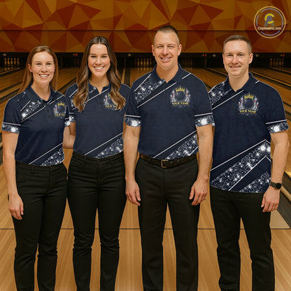 Custom Navy Bowling Shirts with Rhinestones for Men King Bowling Polo & Quarter-Zip Bowling Outfit QZT922