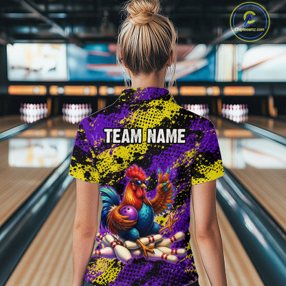Purple & Yellow Chicken Bowling Shirt for Women Custom Bowling Jersey Rooster Polo & 1/4-Zip QZT1034