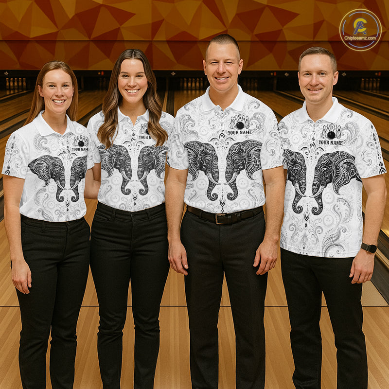Bowling team wearing custom black & white tribal elephant bowling shirts, group front view mockup, personalized team jerseys.