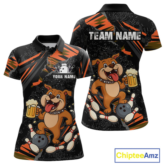 Custom Orange Funny Bulldog & Beer Bowling Shirt Women Bowling Team Jersey League Polo & 1/4 Zip QZT812