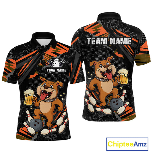 Custom Orange Funny Bulldog & Beer Bowling Shirt Men Bowling Team Jersey League Polo & 1/4 Zip QZT812