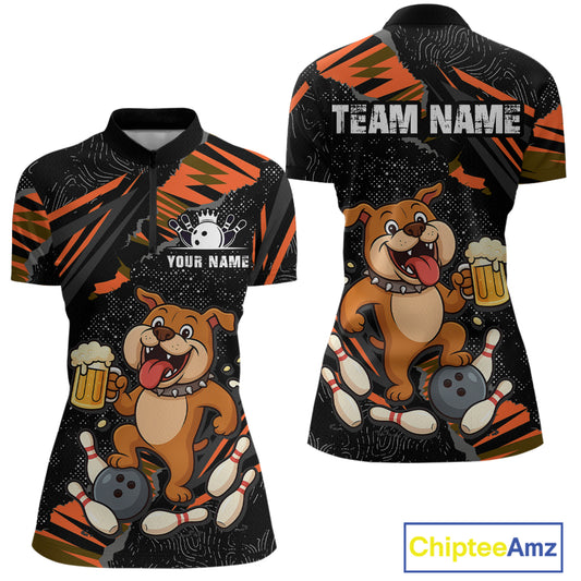 Custom Orange Funny Bulldog & Beer Bowling Shirt Women Bowling Team Jersey League Polo & 1/4 Zip QZT812