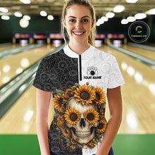 Load image into Gallery viewer, Person wearing a custom shirt with a skull and sunflower design in a bowling alley.