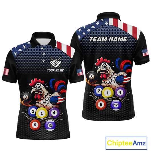 Custom Funny American Flag Chicken Billiard Shirt for Men Billiard Jersey Polo & Quarter-Zip Pool Shirt BHT28