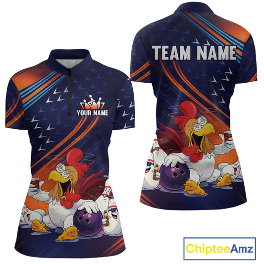 Funny Chicken Polo Bowling Shirt for Women Custom Bowling Jersey 1/4 Zip Bowling Outfit QZT826