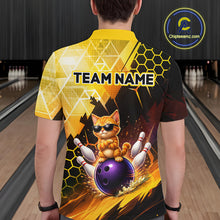 Load image into Gallery viewer, Person wearing a bowling-themed shirt with a cat design in a bowling alley.