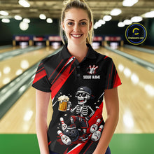 Load image into Gallery viewer, Funny Skeleton &amp; Beer Bowling Shirt Custom Red Bowling Jersey Polo &amp; 1/4 Zip Outfit for Women QZT830