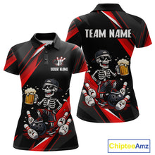 Load image into Gallery viewer, Funny Skeleton &amp; Beer Bowling Shirt Custom Red Bowling Jersey Polo &amp; 1/4 Zip Outfit for Women QZT830