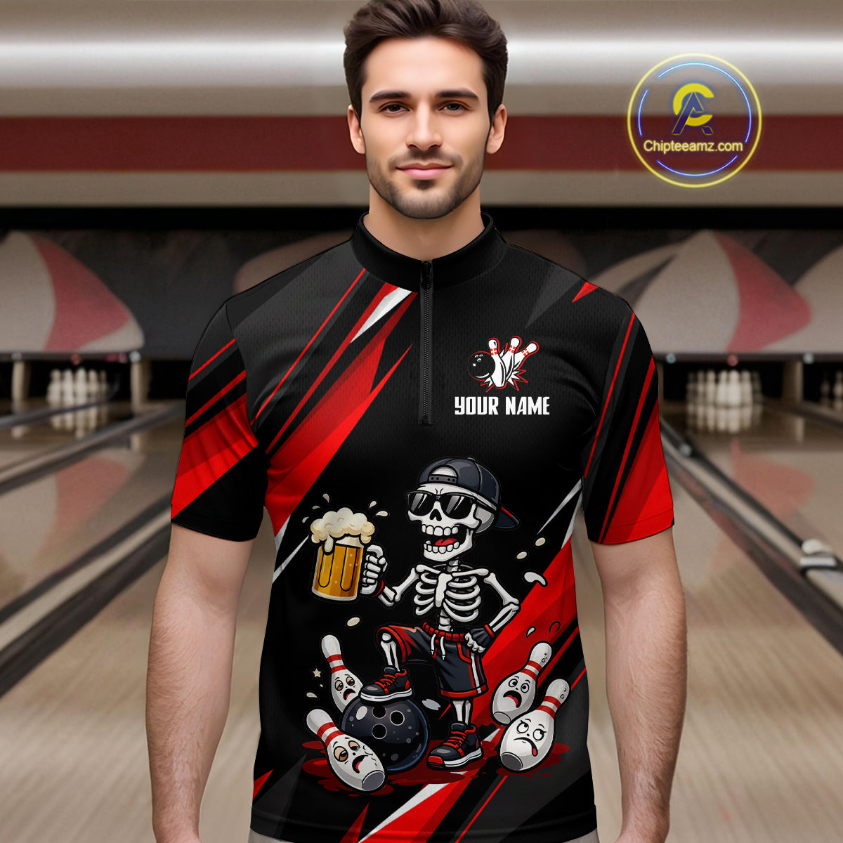 Funny Skeleton & Beer Bowling Shirt Custom Red Bowling Jersey Polo & 1/4 Zip Outfit for Men QZT830
