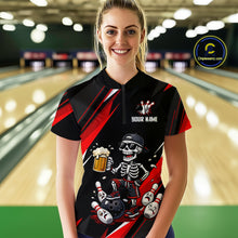 Load image into Gallery viewer, Funny Skeleton &amp; Beer Bowling Shirt Custom Red Bowling Jersey Polo &amp; 1/4 Zip Outfit for Women QZT830
