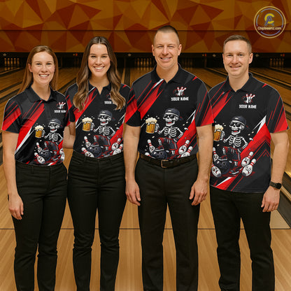 Funny Skeleton & Beer Bowling Shirt Custom Red Bowling Jersey Polo & 1/4 Zip Outfit for Men QZT830