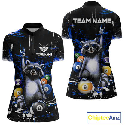 Polo shirt with raccoon design and customizable text on a black background