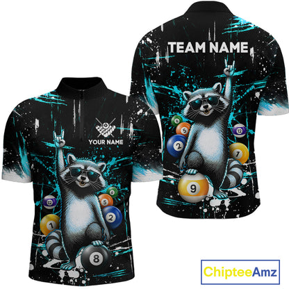 Shirt with raccoon design and customizable text on a black background