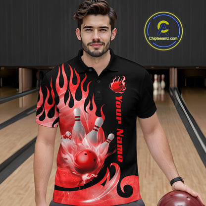Red Flame Bowling Team Shirt for Men Bowling League Jersey Polo & 1/4 Zip Bowling Outfit QZT782