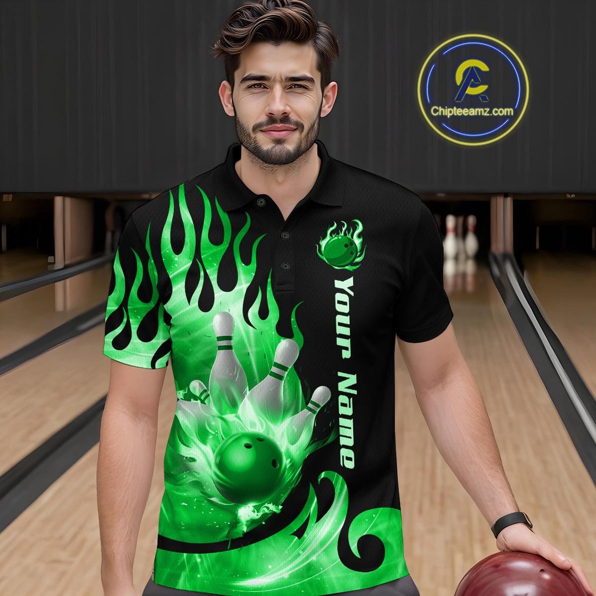 Green Flame Bowling Team Shirt for Men Bowling League Jersey Polo & 1/4 Zip Bowling Outfit QZT782