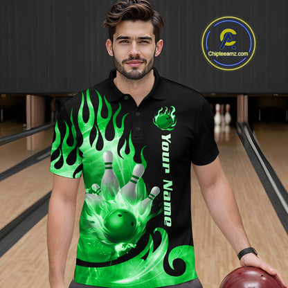 Green Flame Bowling Team Shirt for Men Bowling League Jersey Polo & 1/4 Zip Bowling Outfit QZT782