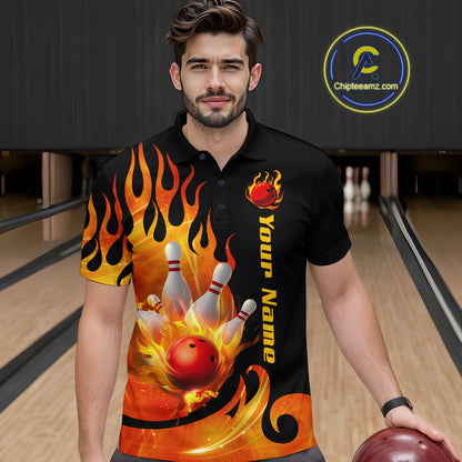 Orange Flame Bowling Team Shirt for Men Bowling League Jersey Polo & 1/4 Zip Bowling Outfit QZT782
