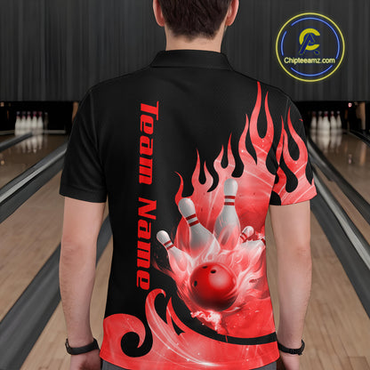 Red Flame Bowling Team Shirt for Men Bowling League Jersey Polo & 1/4 Zip Bowling Outfit QZT782