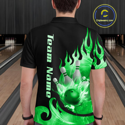 Green Flame Bowling Team Shirt for Men Bowling League Jersey Polo & 1/4 Zip Bowling Outfit QZT782