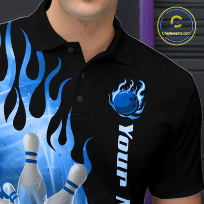 Blue Flame Bowling Team Shirt for Men Bowling League Jersey Polo & 1/4 Zip Bowling Outfit QZT782