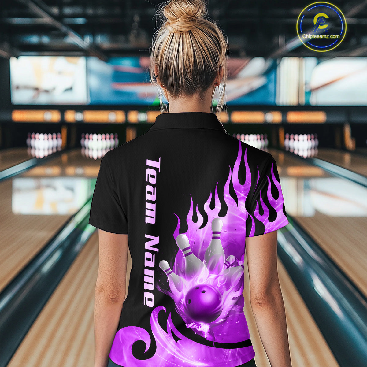 Purple Flame Bowling Team Shirt for Women Bowling League Jersey Polo & 1/4 Zip Bowling Outfit QZT782