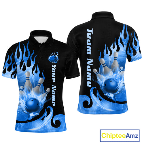Blue Flame Bowling Team Shirt for Men Bowling League Jersey Polo & 1/4 Zip Bowling Outfit QZT782