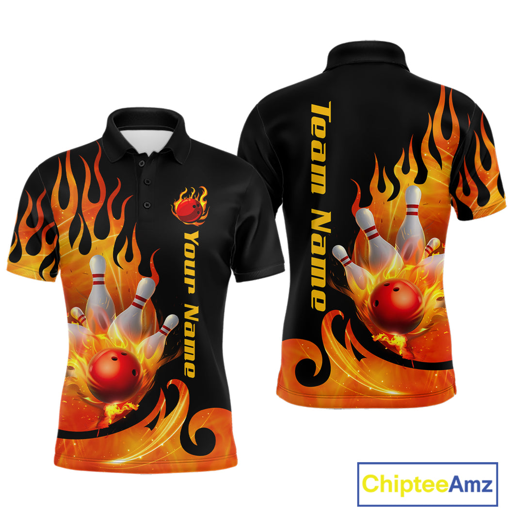Orange Flame Bowling Team Shirt for Men Bowling League Jersey Polo & 1/4 Zip Bowling Outfit QZT782